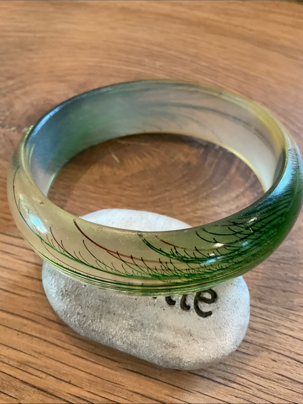 Vintage Resin Bangle with Green Peacock Feather Motif